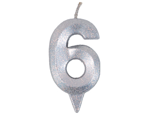 1502-5761 Свеча -цифра "6" Грань серебро блеск 7см