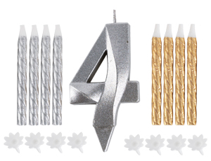 1502-6340 Свеча -цифра "4" Грань серебр +свечи 8шт