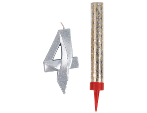 1502-6470 Свеча -цифра "4" Грань серебро +фонтан